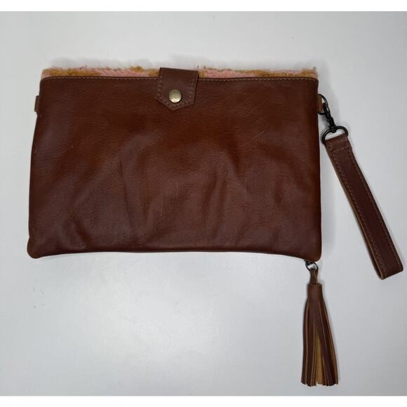 Nena & Co Artisan Handmade Clutch Large Brown Leather Wool Convertible Lined Bag - Picture 2 of 9